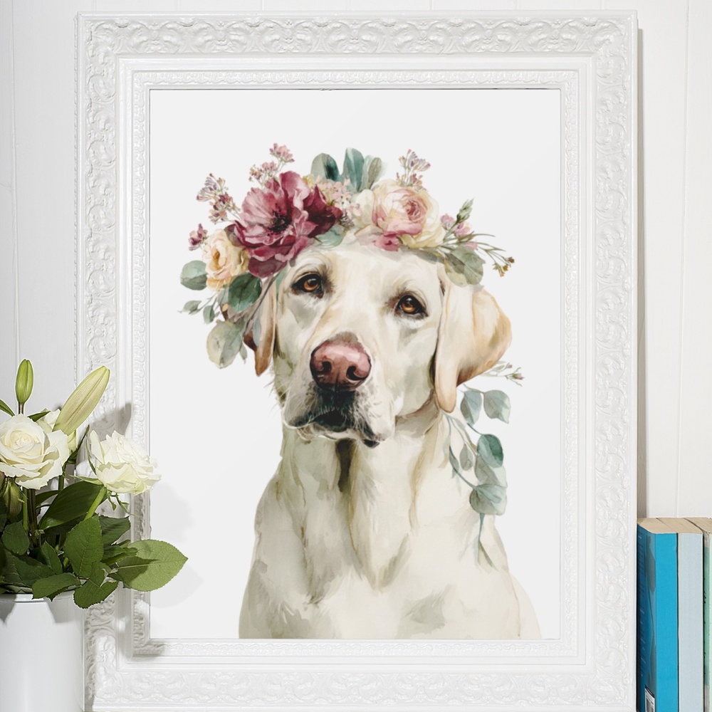 Watercolor Labrador Retriever with Flower Crown Portrait Wall Art Print Unframed - Picture 7 of 7